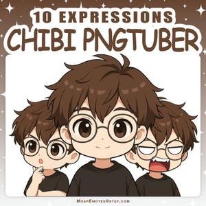 Op de afbeelding: Illustratie van drie chibi-personages met bruin haar en een bril, die elk een andere uitdrukking tonen. De afbeelding bevat bovenaan de tekst "10 EXPRESSIONS CHIBI PNGTUBER" en onderaan de Etsy-winkelnaam.