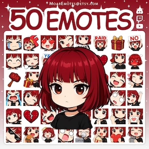 May include: A digital art graphic showcasing 50 emotes with a red-haired anime-style character. Each emote depicts a different expression or action, including crying, winking, or holding a gift. The text "50 EMOTES" is displayed at the top.