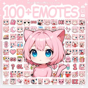 Könnte beinhalten: Eine digitale Sammlung von über 100 rosa Anime-Katzenmädchen-Emotes mit verschiedenen Ausdrücken, Texten wie OMG, HI, YES, NO, GG, GL, RIP und EZ sowie Symbolen wie Herzen, Geschenken, Totenköpfen und Getränken, zentriert um eine große Charakterillustration.