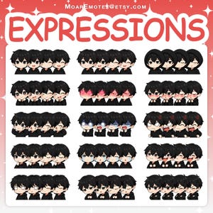 May include: A collection of cartoon-style character emotes with various facial expressions. Each row features a different set of expressions, including smiling, winking, and crying. The word "EXPRESSIONS" is displayed in large, red letters at the top.