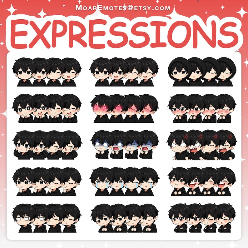 May include: A collection of cartoon-style character emotes with various facial expressions. Each row features a different set of expressions, including smiling, winking, and crying. The word "EXPRESSIONS" is displayed in large, red letters at the top.