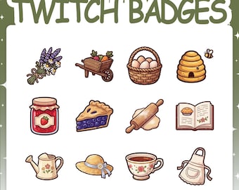 Twitch Badges | 12 Cottagecore Sub Badges Set with 2 Tier Flairs for Stream