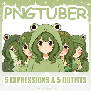 Könnte beinhalten: Illustration von fünf Anime-Charakteren mit grünen Haaren und Frosch-Outfits. Der Text "PNGTUBER" und "5 EXPRESSIONS & 5 OUTFITS" ist im Bild enthalten. Die Charaktere zeigen verschiedene Gesichtsausdrücke.