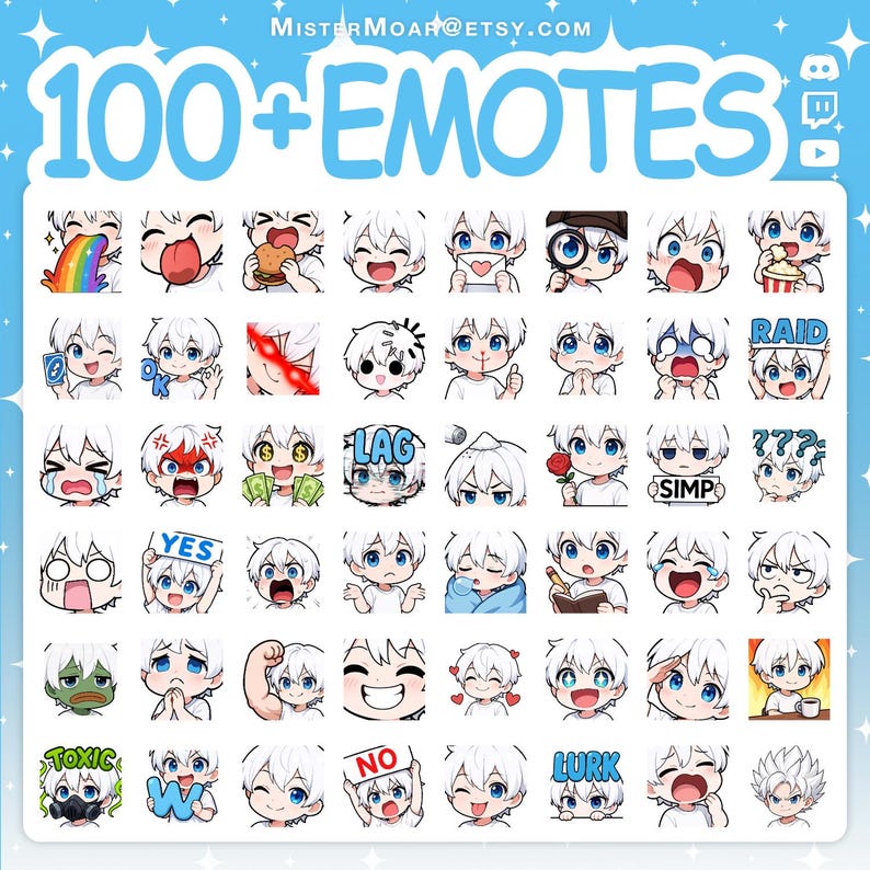 Puede incluir: Una colecci&oacute;n digital de m&aacute;s de 100 emoticonos de estilo anime con un personaje de pelo blanco en varias expresiones y acciones, incluyendo carteles con los textos RAID, LAG, SIMP, YES, NO y LURK, con MISTERMOAR@ETSY.COM en la parte superior.