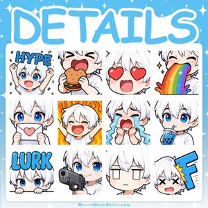 Puede incluir: Una hoja de pegatinas digitales con doce ilustraciones de personajes estilo chibi con cabello blanco y ojos azules. Los personajes expresan diversas emociones y acciones, como comer una hamburguesa, llorar, sostener una pistola y beber t&eacute; boba.