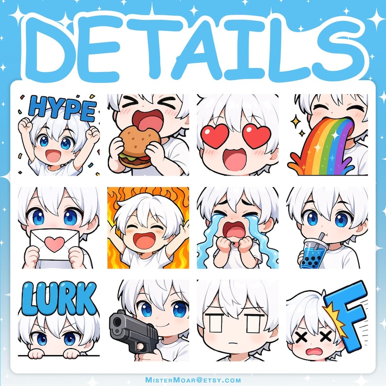 Puede incluir: Una hoja de pegatinas digitales con doce ilustraciones de personajes estilo chibi con cabello blanco y ojos azules. Los personajes expresan diversas emociones y acciones, como comer una hamburguesa, llorar, sostener una pistola y beber t&eacute; boba.