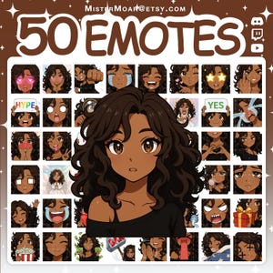 May include: A digital collection of 50 emotes featuring a character with dark skin and wavy brown hair in various expressions and poses. The top text reads 50 EMOTES and MISTERMOAR@ETSY.COM, with small icons for Discord, Twitch, and YouTube on the right.