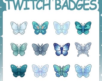Twitch Badges | 12 Blue Water Butterfly Sub Badges Set with 2 Tier Flairs for Stream