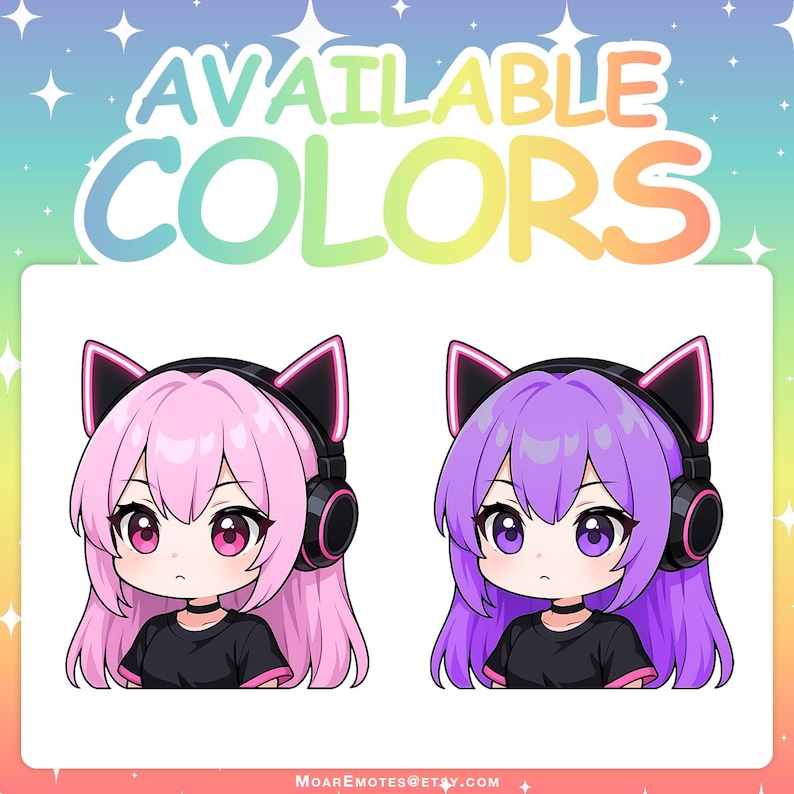 Op de afbeelding: Twee illustraties van anime-personages met kattenoorkoptelefoons. E&eacute;n heeft roze haar, de ander paars. De tekst "AVAILABLE COLORS" staat bovenaan. De achtergrond is een verloop van pastelkleuren.