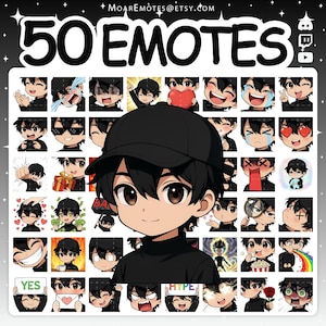Puede incluir: Gráfico de arte digital con 50 emotes, con un personaje central de estilo anime que lleva una gorra negra y un cuello alto. Los emotes muestran varias expresiones y acciones, con el texto "50 EMOTES".