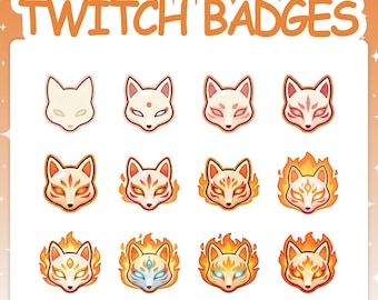 Twitch Badges | 12 Kitsune Maske Sub Badges Set mit 2 Stufen Flairs fürs Streamen