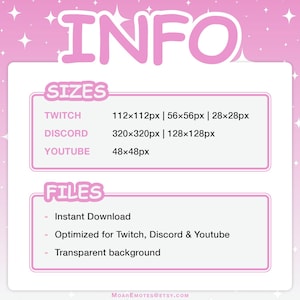 Information about emote sizes for Twitch, Discord, YouTube, and file features like instant download and transparent background