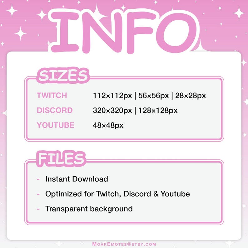 Information about emote sizes for Twitch, Discord, YouTube, and file features like instant download and transparent background