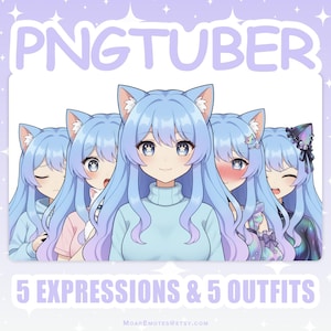 May include: Digital art featuring five anime-style characters with blue hair and cat ears. Each character has a different expression and outfit. The text "PNGTUBER" and "5 EXPRESSIONS & 5 OUTFITS" are displayed in the image.