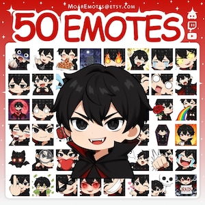May include: A digital art graphic featuring 50 emotes with a central anime-style character in a vampire costume. The emotes display various expressions and actions. The text "50 EMOTES" is at the top in red.