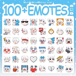 Puede incluir: Una colecci&oacute;n digital de m&aacute;s de 100 emoticonos de estilo anime con un personaje de pelo blanco en varias expresiones y poses, incluyendo texto como 100+ EMOTES, COPIUM, BAN, BOOM, HI, GG, HYPE, JAIL y BYE sobre un fondo azul claro con estrellas.