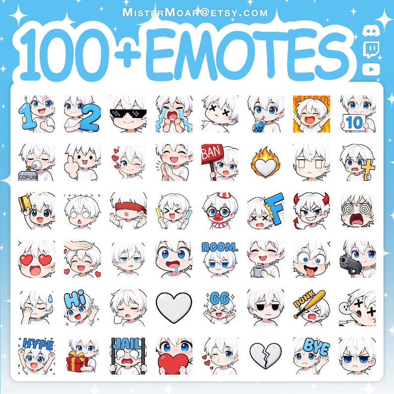 Puede incluir: Una colecci&oacute;n digital de m&aacute;s de 100 emoticonos de estilo anime con un personaje de pelo blanco en varias expresiones y poses, incluyendo texto como 100+ EMOTES, COPIUM, BAN, BOOM, HI, GG, HYPE, JAIL y BYE sobre un fondo azul claro con estrellas.