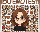 Twitch Emotes, Chibi Girl Emotes, Discord Emotes, Glasses Emotes, Chibi Emotes, YouTube Emotes, Girl Emotes, Emote Pack, Brown Hair Emotes