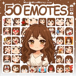 Op de afbeelding: Een digitale collectie van 50 anime-stijl emotes met een personage met lang bruin haar en een wit shirt. Het raster toont diverse uitdrukkingen en acties, waaronder het vasthouden van een mes, een roos, een camera, een burger en een bordje met de tekst SIMP.