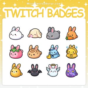 May include: A collection of twelve cartoon bunny badges in various colors and designs. The badges include bunnies with a strawberry, cinnamon roll, sailor hat, and angel wings. The text "TWITCH BADGES" is at the top.