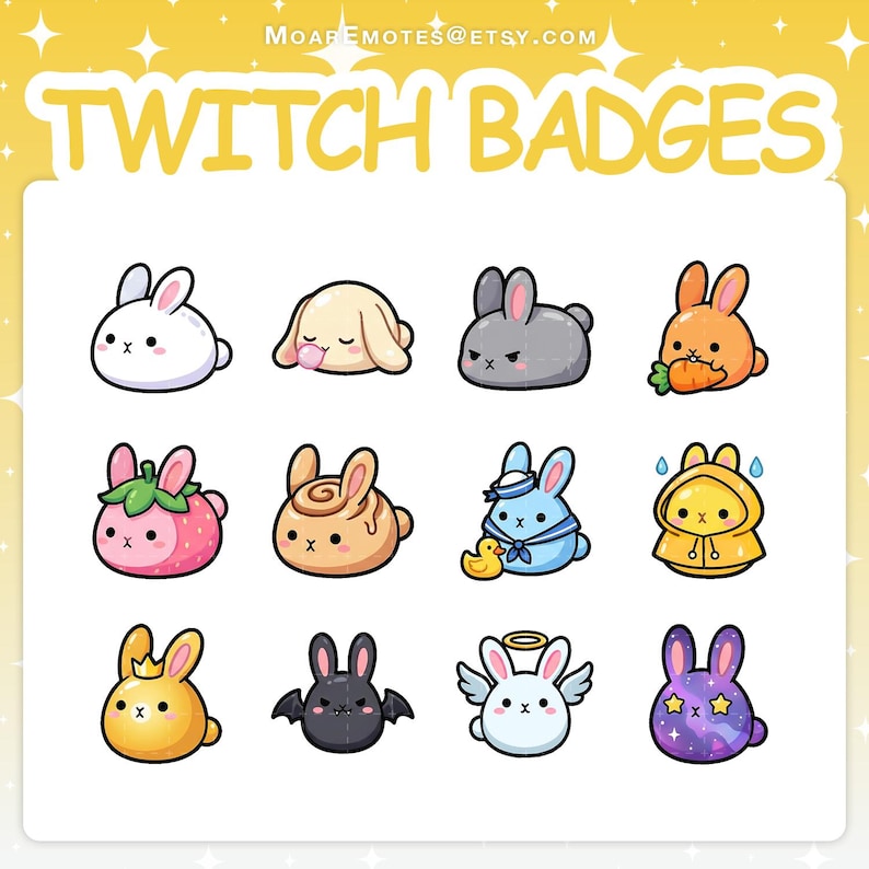 May include: A collection of twelve cartoon bunny badges in various colors and designs. The badges include bunnies with a strawberry, cinnamon roll, sailor hat, and angel wings. The text "TWITCH BADGES" is at the top.
