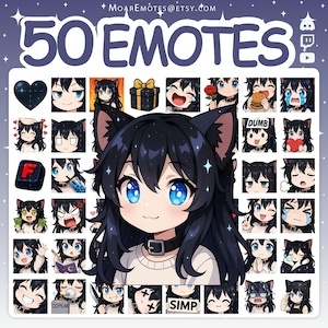 Twitch Emotes, Cat Girl Emotes, Discord Emotes, Cute Emotes, Chibi Emotes, Girl Emotes, Emote Pack, Starcat Emotes, Black Hair Emotes