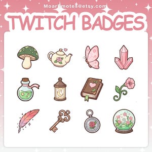 Peut inclure: Une collection de badges Twitch avec des illustrations fantaisistes. Les motifs comprennent un champignon, une théière, un papillon, des cristaux, une fiole de potion, une lanterne, un livre, une fleur, une plume, une clé, un médaillon et une boule à neige. Le texte "TWITCH BADGES" est affiché en haut.