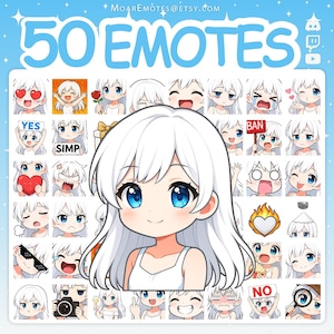 Twitch Emotes, Chibi Girl Emotes, Discord Emotes, Cute Emotes, Chibi Emotes, YouTube Emotes, Girl Emotes, Emote Pack, White Hair Emotes