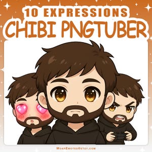 Puede incluir: Arte digital que presenta tres personajes de estilo chibi con cabello castaño y barbas, cada uno mostrando una expresión diferente. El texto "10 EXPRESSIONS CHIBI PNGTUBER" está en la parte superior. Un personaje tiene corazones en los ojos, otro está enojado y el tercero es neutral.