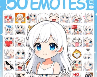 Puede incluir: Una colección digital de 50 emoticonos de estilo anime con un personaje de pelo blanco y ojos azules. El conjunto incluye varias expresiones y acciones, como sostener carteles que dicen YES, SIMP, BAN y NO, junto a iconos como corazones.