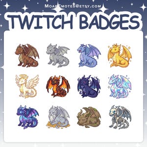 Può includere: Una collezione di dodici badge Twitch di draghi dei cartoni animati in vari colori, tra cui marrone, grigio, blu e oro. Ogni drago ha caratteristiche uniche, come ali, aloni e scaglie a forma di gemma. Il testo "TWITCH BADGES" è visualizzato in alto.