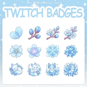 Puede incluir: Un conjunto de doce insignias digitales para Twitch con motivos de flores de cerezo en azul claro y personajes de zorros. La fila superior muestra pétalos y ramas, la fila central flores y la fila inferior muestra varios zorros.