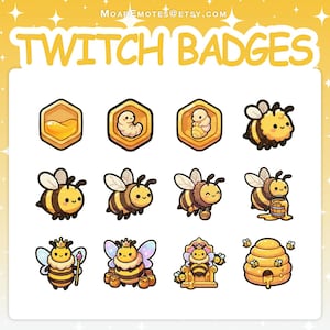 May include: A collection of Twitch badges featuring cartoon bees and honeycombs. The badges include images of honey, bee larvae, and various bee characters with different poses and accessories. The text "TWITCH BADGES" is displayed at the top.