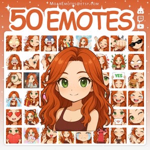 May include: A digital art graphic showcasing 50 emotes featuring a red-haired anime-style character. The emotes express a range of emotions, such as happiness, sadness, and anger. The text "50 EMOTES" is displayed at the top, with social media icons on the right.