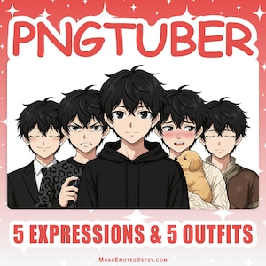 May include: Digital artwork showcasing five anime-style characters with black hair, each with a unique facial expression and outfit. The image includes the text "PNGTUBER" and "5 EXPRESSIONS & 5 OUTFITS".