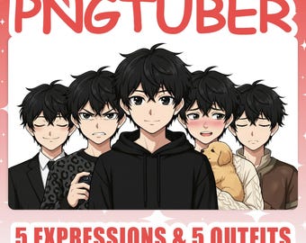 PNGTuber | Male 2D Vtuber Model with 5 Expressions and 5 Outfits for Twitch & YouTube Streaming, Veadotube Ready