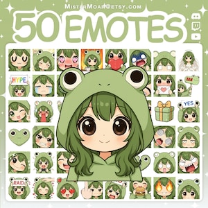 Könnte beinhalten: Eine digitale Sammlung von 50 Emotes, die eine Figur mit grünen Haaren in einem Frosch-Kapuzenpullover zeigt. Das Set enthält verschiedene Ausdrücke und Aktionen sowie den Text MISTERMOAR@ETSY.COM, 50 EMOTES, HYPE, BAN, YES, RAID und ein Burgersymbol.