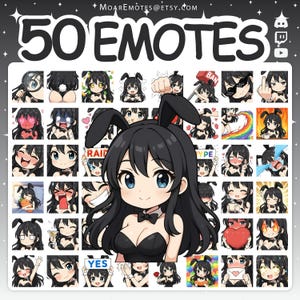 Può includere: Grafica di arte digitale con 50 emoticon di un personaggio dei cartoni animati con capelli neri e orecchie da coniglio. Le emoticon mostrano varie espressioni e azioni. Il testo "50 EMOTES" è in alto, con icone di social media nell'angolo in alto a destra.