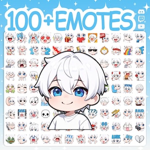 Könnte beinhalten: Eine Sammlung von über 100 Emotes mit einem Cartoon-Charakter mit weißen Haaren und blauen Augen. Die Emotes zeigen verschiedene Ausdrücke und Aktionen, mit Text wie "Hi", "Ban" und "Hype". Der Titel "100+ EMOTES" wird oben angezeigt.