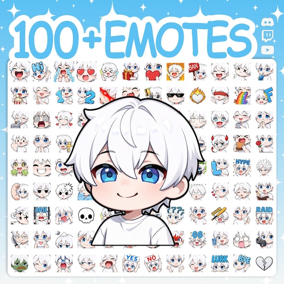Twitch Emotes, Chibi Boy Emotes, Discord Emotes, Cute Emotes, Chibi Emotes, YouTube Emotes, Boy Emotes, Emote Pack, White Hair Emotes