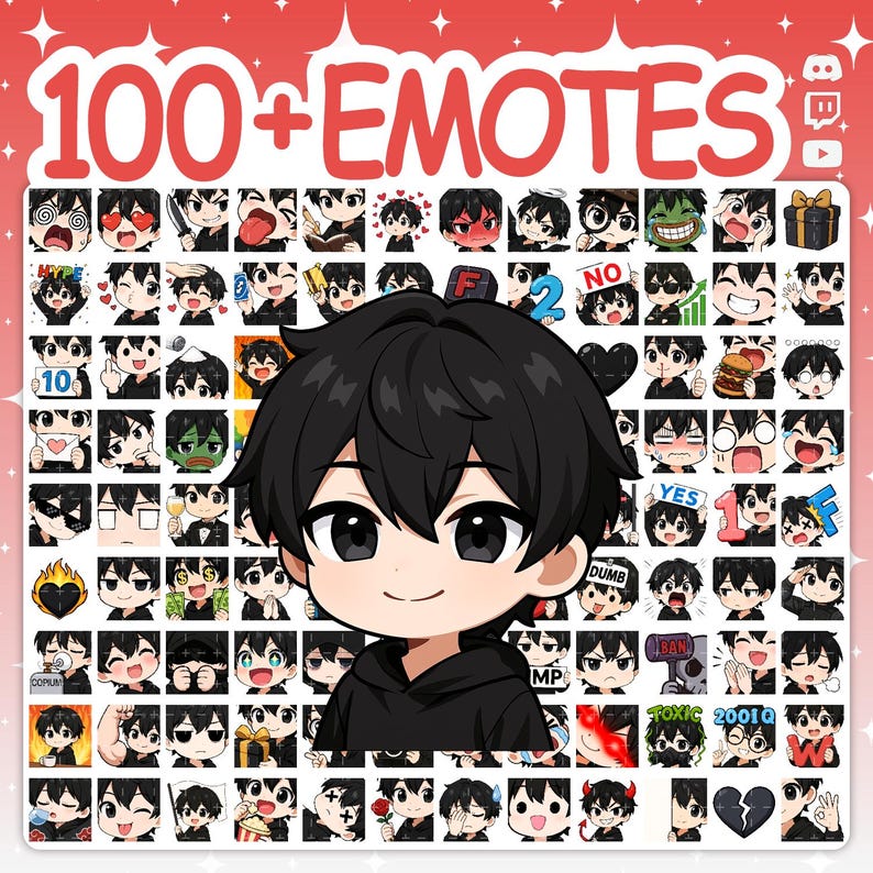 Promo image for a 100+ emote pack featuring a large, detailed anime boy with black hair and a black hoodie. The background displays a full grid of over 100 chibi emotes for Twitch and Discord, showing a wide range of emotions and popular memes.