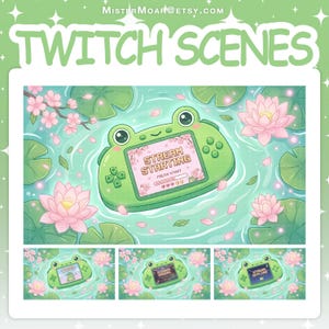 Op de afbeelding: Een digitale grafische set voor Twitch met een lichtgroene, kikker-vormige handheld spelcomputer die drijft in een vijver met roze lotusbloemen en leliebladeren. Het scherm toont de tekst STREAM STARTING, PRESS START en hartjesiconen.