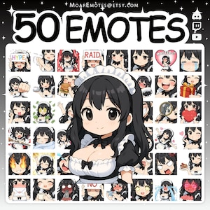 May include: A digital art graphic featuring 50 emotes of an anime-style maid character with black hair and a white and black uniform. The emotes display various expressions and actions, with text that reads "50 EMOTES".