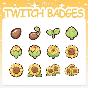 Puede incluir: Un conjunto de insignias de Twitch que muestran el crecimiento de una planta, desde la semilla hasta el girasol. Las insignias son de estilo caricatura con colores marrón, verde y amarillo. El texto "TWITCH BADGES" está en la parte superior.