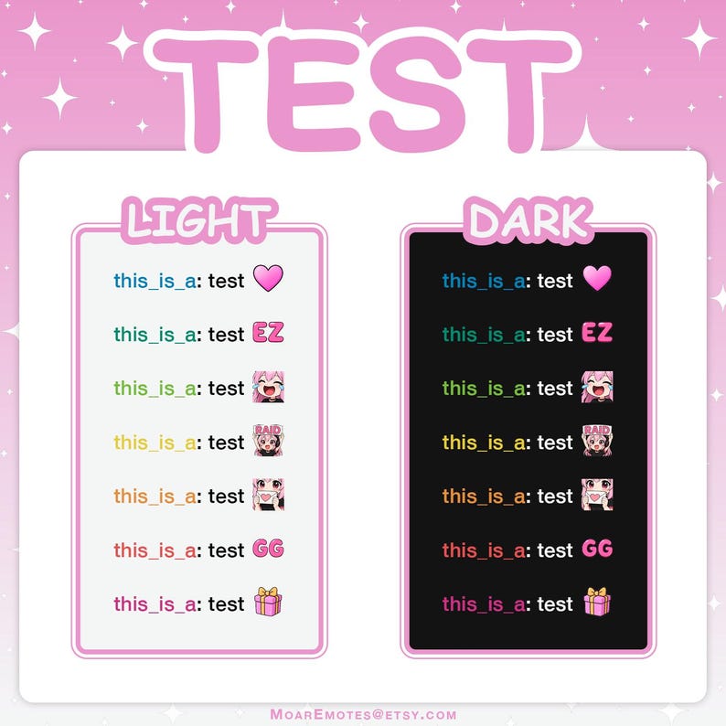 Test preview of the emotes in light and dark chat themes, showing how they appear in messages.