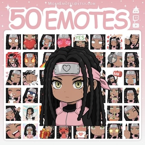 May include: A digital art graphic featuring 50 emotes with a central anime-style character with black dreadlocks, a pink headband, and a pink jacket. The emotes display various expressions and actions, including hearts, tears, and a thumbs-up.
