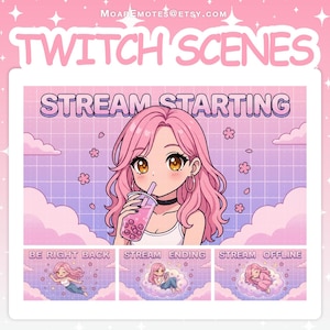 Superposition Twitch | Ensemble de scènes Twitch Pink Girl avec diffusion commençant bientôt, BRB, fin et écrans hors ligne