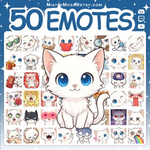Può includere: Una collezione digitale di 50 emote di gatti bianchi con varie espressioni e attività, inclusa una grande illustrazione centrale. Il testo MISTERMOAR@ETSY.COM e 50 EMOTES è visualizzato in alto con icone dei social media.