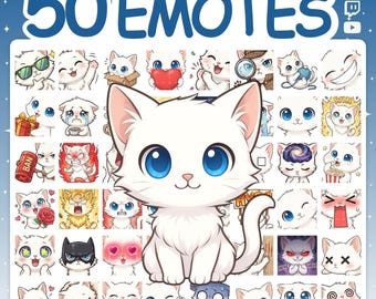 Émoticônes Twitch | Pack d'émoticônes avec 50 émoticônes de chat blanc pour Twitch Stream et Discord Server