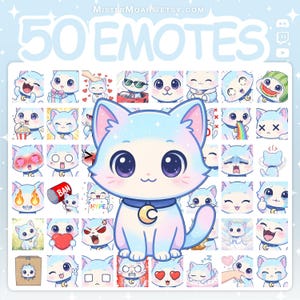 Può includere: Una collezione digitale di 50 emote di gatti con un grande personaggio centrale dotato di un collare a mezzaluna. La griglia mostra varie espressioni tra cui ridere, piangere, mangiare e dormire, con il testo 50 EMOTES in alto.
